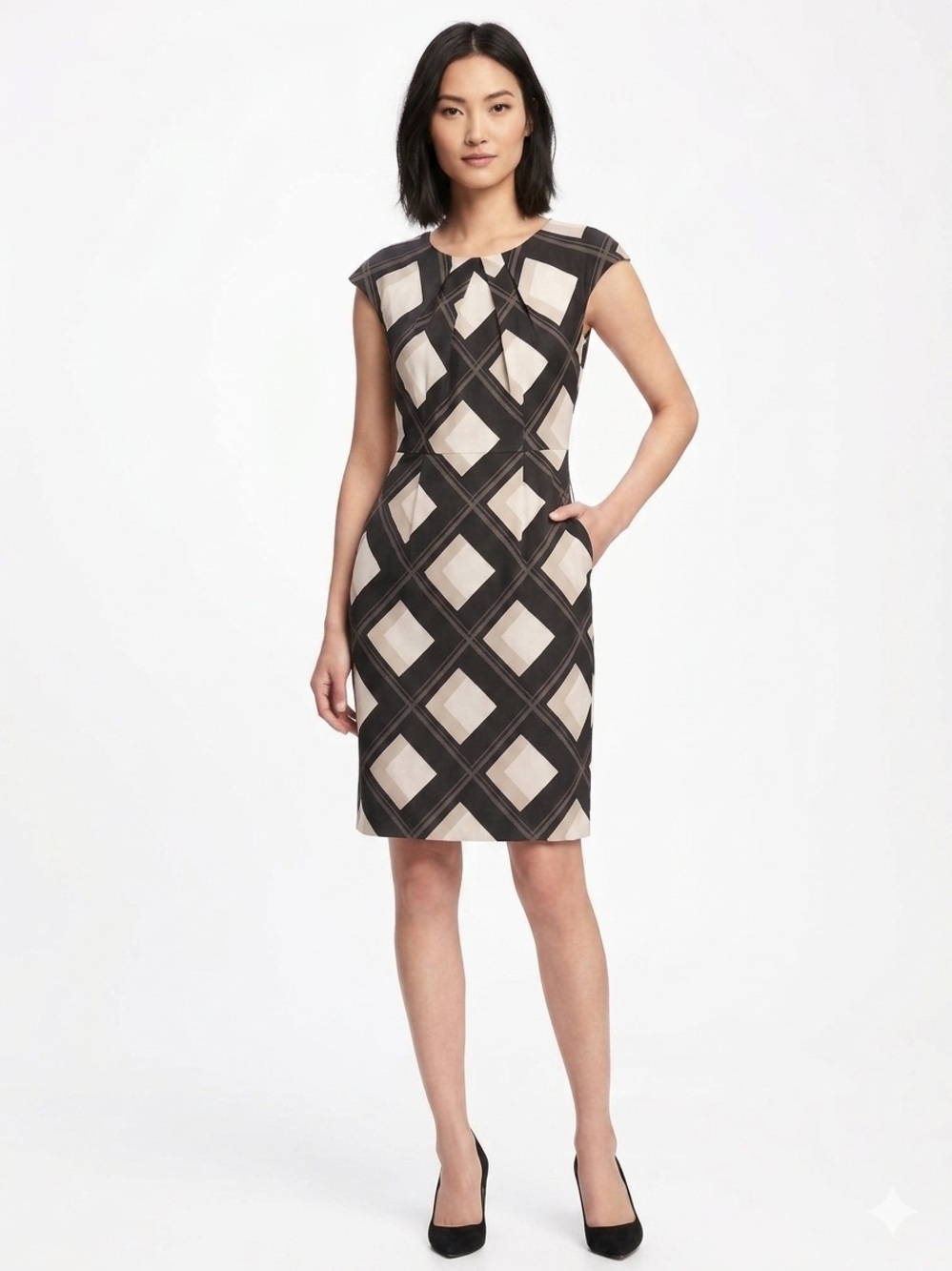 Banana Republic 100% Silk Black and Cream Geometric Dress